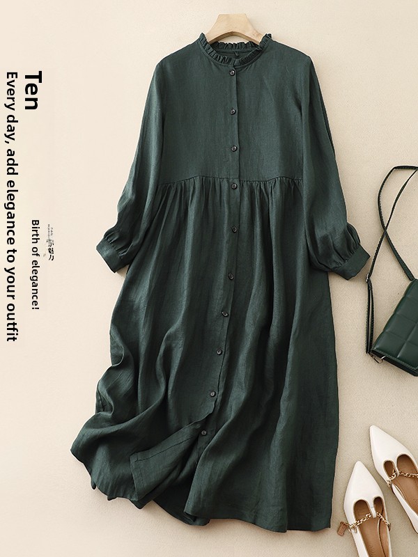 Casual Loose Linen Shirt Dress - Casual Loose Cotton Linen Long Sleeve