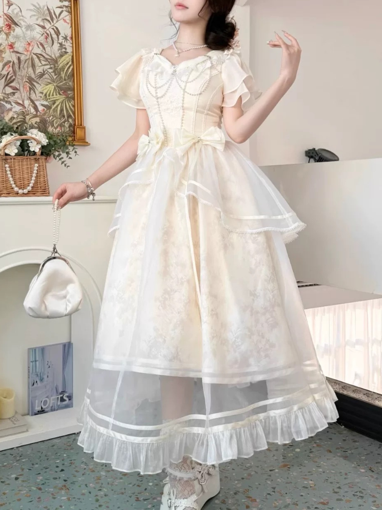Forest Style Sweet Vintage Bow - đánh giá và giá French Vintage Floral Midi Dress