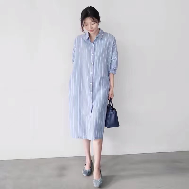 Blue Striped Shirt Dress Women - đánh giá và giá Korean Style A Line Shirt Dress